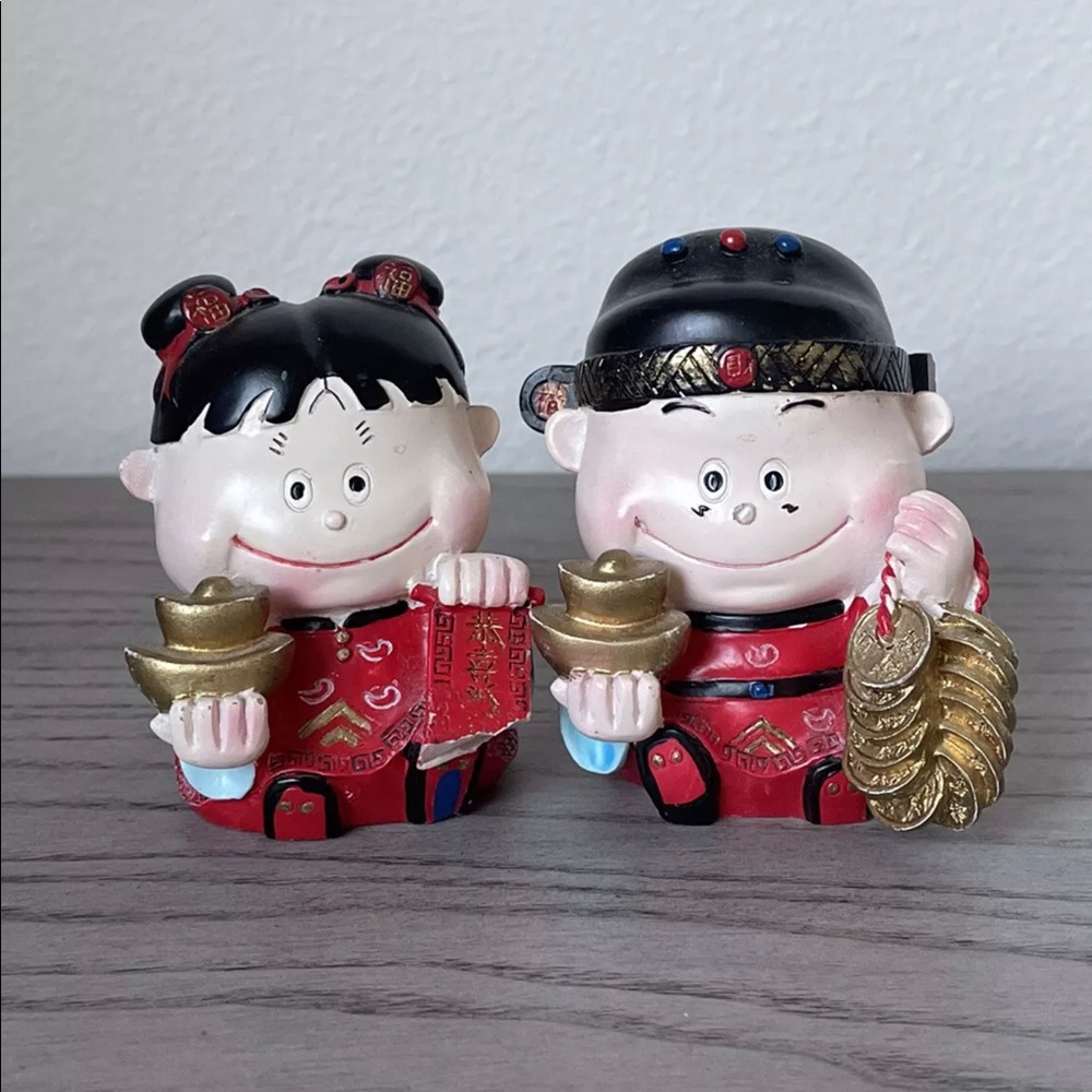 Lot of 2 Vintage Chinese Figurine w/ Prosperity Gold Coins Chinese New Year Gift